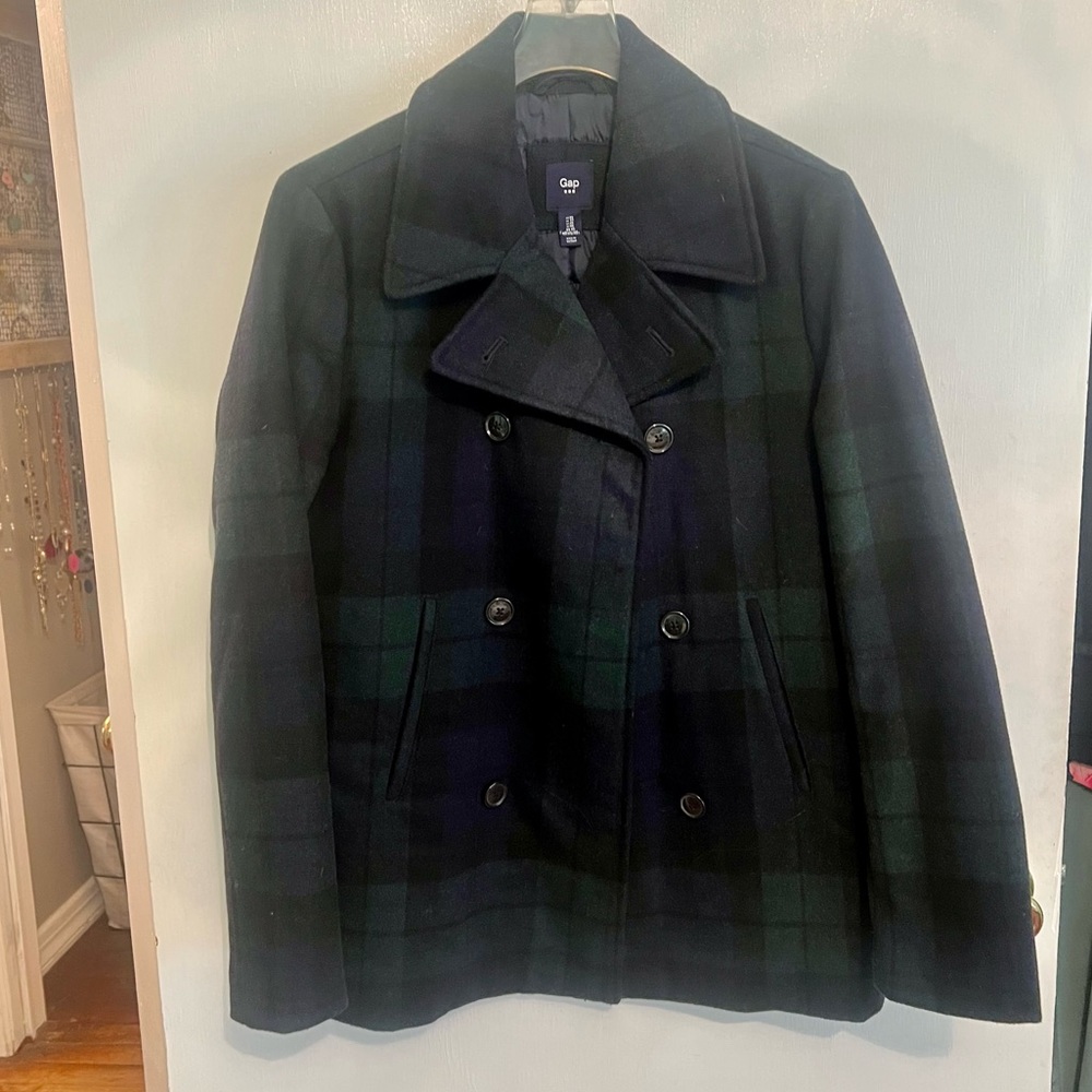 Gap wool coat.  Green/blue/black plaid. Size XS.